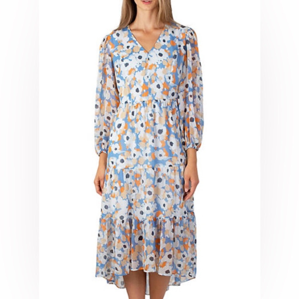 Joie Long Sleeve Floral Dress in Blue and Orange
